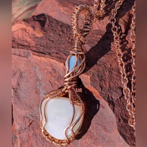Mystical Opal Amulet Necklace Artisan Copper Wire Wrap With Dainty Chain - Picture 7 of 15